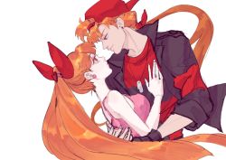 Rule 34 | 1boy, 1girl, hug, blossom (ppg), bow, brick (ppg), couple, dog tags, dress, earrings, hair bow, hand on chest, hat, hetero, jacket, jewelry, long hair, pink dress, pink eyes, powerpuff girls, red eyes, red hair, red shirt, shirt, smirk, white background