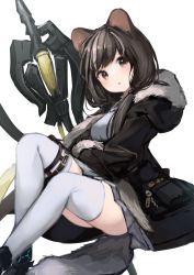 Rule 34 | 1girl, absurdres, animal ears, arknights, black footwear, black hair, black jacket, breasts, brown eyes, commentary request, feet out of frame, fur-trimmed hood, fur-trimmed sleeves, fur trim, grey hair, grey skirt, hair over shoulder, highres, honeyberry (arknights), hood, hood down, hooded jacket, jacket, long hair, long sleeves, looking at viewer, low twintails, multicolored hair, parted lips, pleated skirt, shirt, shoes, simple background, skirt, small breasts, solo, streaked hair, teruriu, thighhighs, twintails, weapon, white background, white shirt, white thighhighs