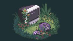 Rule 34 | animated, artist name, crt, flower, game console, gamecube, gamecube controller, grass, green background, green theme, looping animation, nintendo, outdoors, pixel art, pixel jess, red flower, signature, sound, static, still life, television, video, video, yellow flower