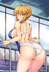 Rule 34 | 1girl, ahoge, artoria pendragon (fate), artoria pendragon (lancer) (fate), ass, bare shoulders, blue eyes, braid, breasts, commentary request, competition swimsuit, cowboy shot, fate/grand order, fate (series), french braid, gluteal fold, hair between eyes, highres, impossible clothes, impossible swimsuit, indoors, large breasts, leaning forward, lens flare, looking at viewer, one-piece swimsuit, pool, pool ladder, poolside, shirokuma a, sidelocks, smile, solo, sunlight, swimsuit, thigh gap, thighs, water, wet, white one-piece swimsuit, wide hips, window