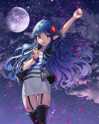 Rule 34 | 1girl, absurdres, bad id, bad pixiv id, black jacket, blue hair, blush, bracelet, buttons, closed mouth, collarbone, cowboy shot, food-themed hair ornament, garter straps, glint, gradient hair, hair ornament, highres, hyoin, jacket, jewelry, lips, long hair, looking at viewer, moon, multicolored hair, night, night sky, open clothes, open jacket, pearl bracelet, petals, pink eyes, pink hair, pink lips, pointy ears, raised fist, rose petals, shirt, short sleeves, sky, sleeve cuffs, smile, solo, spikes, standing, star (sky), starry sky, strawberry hair ornament, striped, thigh gap, thighhighs, unbuttoned, very long hair, white shirt, zettai ryouiki