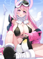 Rule 34 | 1girl, animal, bikini, bird, black bikini, blue archive, blush, boots, breasts, cleavage, day, eimi (blue archive), eimi (swimsuit) (blue archive), goggles, goggles on head, halo, highres, jacket, large breasts, long hair, long sleeves, looking at viewer, navel, official alternate costume, open clothes, open jacket, open mouth, outdoors, penguin, pink eyes, pink hair, pink halo, pink jacket, ponytail, renka (renkas), sideboob, solo, swimsuit, white footwear
