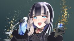 Rule 34 | 1girl, absurdres, black dress, black gloves, black hair, blue eyes, blunt bangs, blush, bottle, choker, choko (cup), cup, dress, gloves, gradient background, green background, highres, hime cut, holding, holding bottle, hololive, hololive dev is, juufuutei raden, long hair, long sleeves, looking at viewer, multicolored hair, open mouth, sake bottle, smile, solo, sunano reona, teeth, two-tone hair, upper body, upper teeth only, virtual youtuber, white hair