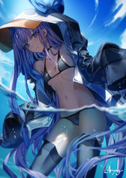 Rule 34 | bikini, black bikini, black jacket, blue bow, blue eyes, blue hair, blush, bow, breasts, cleavage, closed mouth, fate/grand order, fate (series), from below, genyaky, highres, jacket, long hair, long sleeves, looking at viewer, meltryllis, meltryllis (fate), meltryllis (swimsuit lancer) (fate), meltryllis (swimsuit lancer) (first ascension) (fate), navel, outdoors, sky, sleeves past fingers, sleeves past wrists, small breasts, solo, swimsuit, thighhighs, thighs, water