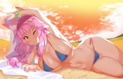 Rule 34 | 1girl, alternate costume, animal ear fluff, animal ears, armpits, backlighting, bare shoulders, bikini, blue bikini, blush, breasts, cleavage, cloud, cloudy sky, collarbone, commentary request, evening, fate/grand order, fate (series), fox ears, fox girl, groin, hair between eyes, highres, large breasts, long hair, looking at viewer, lying, messy hair, micro bikini, navel, no tail, ocean, on side, one eye closed, open mouth, pink hair, pouty lips, side-tie bikini bottom, sky, solo, stomach, swimsuit, symbol-only commentary, tamamo (fate), tamamo no mae (fate/extra), tamamo no mae (swimsuit lancer) (fate), thighs, towel, underboob, water, wrist cuffs, yellow eyes, yuruto