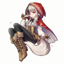 Rule 34 | 1girl, animal ears, artist name, black hair, black legwear, boots, brown gloves, closed mouth, corset, fire emblem, fire emblem fates, full body, gloves, grey hair, high heel boots, high heels, highres, hood, hood up, long sleeves, multicolored hair, nintendo, pouch, red eyes, simple background, solo, streaked hair, tail, velouria (fire emblem), white background, wolf ears, wolf tail, zedoraart