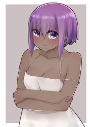 Rule 34 | 1girl, bare arms, bare shoulders, blush, breasts, cleavage, closed mouth, dark-skinned female, dark skin, dress, eyes visible through hair, fate/prototype, fate/prototype: fragments of blue and silver, fate (series), female focus, grey background, hair between eyes, hassan of serenity (fate), highres, i.u.y, looking at viewer, purple eyes, purple hair, sidelocks, sleeveless, sleeveless dress, small breasts, smile, solo, two-tone background, upper body, white background, white dress