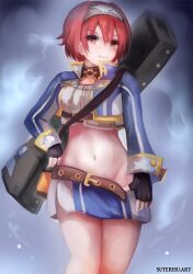 Rule 34 | 1girl, artist name, belt, belt bra, black gloves, brown belt, buckle, closed mouth, clothes pull, commentary, commentary request, cowboy shot, crop top, cropped jacket, falcom (neptunia), fingerless gloves, gloves, groin, hair between eyes, hair intakes, hairband, instrument case, jacket, long sleeves, looking at viewer, midriff, navel, neptune (series), no legwear, no panties, open clothes, open jacket, orange eyes, pulling own clothes, red hair, short hair, skirt, skirt pull, sleeve cuffs, smile, solo, suterisu