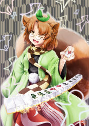 Rule 34 | 1girl, animal ears, board game, brown hair, futatsuiwa mamizou, glasses, holding, holding mahjong tile, japanese clothes, leaf, leaf on head, mahjong, mahjong tile, one eye closed, open mouth, para (dachsaria), pince-nez, pom pom (clothes), raccoon ears, raccoon tail, scarf, smile, solo, tail, touhou, yagasuri, yellow eyes