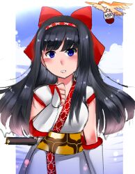 Rule 34 | 1girl, ainu clothes, black hair, blue eyes, breasts, clenched hand, fingerless gloves, gloves, hair ribbon, highres, long hair, looking at viewer, mamahaha, medium breasts, nakoruru, parted lips, ribbon, samurai spirits, snk, the king of fighters, the king of fighters xiv, weapon