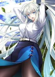 Rule 34 | 1girl, absurdres, alternate costume, arms behind head, arms up, belt, black bow, black pantyhose, black skirt, blue skirt, bow, braid, breasts, building, buttons, commentary request, contemporary, day, fate/grand order, fate (series), floating hair, hair between eyes, hair bow, half up braid, harukey, highres, large breasts, leaf, long hair, long sleeves, looking at viewer, morgan le fay (chaldea satellite station) (fate), morgan le fay (fate), office lady, open mouth, outdoors, pantyhose, plant, platinum blonde hair, ponytail, shirt, sidelocks, skirt, smile, solo, tongue, two-tone skirt, very long hair, white belt, white shirt