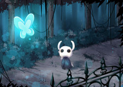 Rule 34 | 1other, blue cape, bug, butterfly, cape, daifuku suke, forest, full body, glowing, hollow eyes, hollow knight, horns, insect, knight (hollow knight), nature, no humans, outdoors