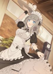 Rule 34 | 1girl, :d, apron, arm up, black dress, black ribbon, bloomers, blue eyes, blush, breasts, brick wall, cake, clock, commentary request, cup, dress, dutch angle, food, frilled apron, frilled dress, frills, highres, holding, holding tray, indoors, maid apron, maid headdress, medium breasts, nagishiro mito, open mouth, original, puffy short sleeves, puffy sleeves, ribbon, ribbon-trimmed apron, ribbon trim, short sleeves, silver hair, skirt hold, smile, solo, standing, strawberry shortcake, teacup, teapot, thighhighs, tray, underwear, white apron, white bloomers, white thighhighs