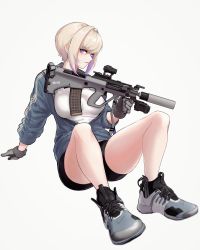 Rule 34 | 1girl, absurdres, aimpoint, alma01, assault rifle, black shorts, blue hair, blue jacket, breasts, bullpup, colored tips, eyelashes, gloves, grey gloves, gun, hair between eyes, highres, holding, holding gun, holding weapon, jacket, large breasts, long sleeves, looking at viewer, multicolored hair, open clothes, open jacket, open mouth, original, rifle, short hair, short shorts, shorts, sidelocks, simple background, sitting, sleeve rolled up, solo, suppressor, thick thighs, thighs, weapon
