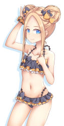 Rule 34 | 1girl, abigail williams (emerald float) (fate), abigail williams (fate), absurdres, arm up, bare arms, bare shoulders, bikini, black bikini, black bow, blonde hair, blue eyes, blush, bow, cameltoe, closed mouth, collarbone, commentary request, double bun, emerald float, fate/grand order, fate (series), forehead, gluteal fold, hair bow, hair bun, highres, long hair, looking at viewer, navel, official alternate costume, orange bow, parted bangs, polka dot, polka dot bow, shadow, side bun, sidelocks, smile, solo, swimsuit, white background, zongren