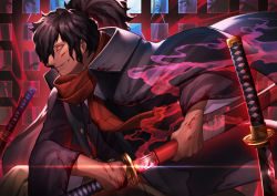 Rule 34 | 1boy, absurdres, aura, bamboo, black hair, black jacket, black kimono, blood, blood on face, bloody weapon, brown eyes, commentary request, dark aura, fate/grand order, fate (series), fringe trim, from side, full moon, grin, hair over one eye, high ponytail, highres, holding, holding sheath, holding sword, holding weapon, jacket, japanese clothes, kamonegi (meisou1998), katana, kimono, koha-ace, long sleeves, looking away, male focus, moon, night, okada izou (fate), open clothes, open jacket, outdoors, parted lips, ponytail, red scarf, scarf, sheath, signature, smile, solo, sword, unsheathing, v-shaped eyebrows, weapon, wide sleeves