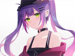 Rule 34 | 1girl, absurdres, barbell piercing, bare shoulders, baseball cap, black choker, black hat, black tank top, blush, breasts, choker, closed mouth, collarbone, colored inner hair, ear piercing, earrings, fake horns, fang, fang out, green eyes, hair ornament, hairclip, hat, highres, hololive, horned headwear, horns, jacket, jewelry, light smile, long hair, looking at viewer, multicolored hair, o-ring, o-ring choker, off shoulder, ohiru 0610, piercing, pink hair, pointy ears, purple hair, small breasts, solo, streaked hair, tank top, tokoyami towa, twintails, virtual youtuber, white jacket