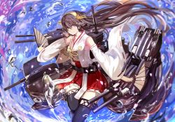 Rule 34 | 10s, 1girl, black thighhighs, boots, brown hair, detached sleeves, folding fan, hand fan, haruna (kancolle), headgear, kantai collection, leg up, long hair, machinery, nontraditional miko, saberiii, solo, thigh boots, thighhighs, very long hair, water, yellow eyes