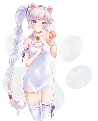 Rule 34 | 1girl, bare shoulders, blue eyes, braid, cat cutout, clothing cutout, covered navel, dress, highres, iesupa, long hair, panties, paw pose, ponytail, rwby, scar, scar across eye, scar on face, side ponytail, single braid, solo, thighhighs, translucent, underwear, very long hair, weiss schnee, white dress, white hair