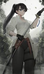 Rule 34 | 1girl, absurdres, black gloves, black hair, black pants, blue eyes, closed mouth, commentary, commission, cowboy shot, expressionless, gloves, goback, highres, holding, holding sword, holding weapon, katana, long hair, mole, mole under eye, original, outdoors, pants, ponytail, sheath, sleeves rolled up, solo, sword, tree, unsheathing, weapon