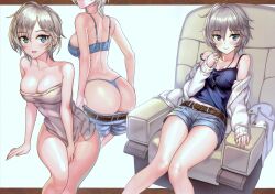 Rule 34 | 1girl, absurdres, anastasia (idolmaster), ass, back, bare shoulders, belt, blue bra, blue camisole, blue eyes, blue panties, blush, bra, breasts, buckle, camisole, cardigan, cleavage, clothes pull, denim, denim shorts, grey hair, hair between eyes, hamahama, hand up, highleg, highleg panties, highres, idolmaster, idolmaster cinderella girls, jewelry, knees together feet apart, long sleeves, looking at viewer, medium breasts, multiple views, nail polish, naked towel, navel, necklace, off shoulder, open cardigan, open clothes, open mouth, panties, pink nails, reclining, scan, short hair, shorts, shorts pull, sitting, smile, solo, strap slip, thighs, thong, towel, underwear, white cardigan