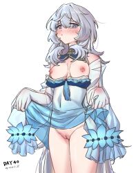 Rule 34 | 1girl, absurdres, arknights, bare shoulders, bipples, blue dress, blue eyes, blush, breasts, breasts out, clothes lift, commentary request, covered navel, dated, dress, dress lift, gaoling gangqin, gradient dress, hair between eyes, heart, heart-shaped pupils, highres, lifted by self, long hair, looking at viewer, medium breasts, mulberry (arknights), mulberry (reflection that of the moons) (arknights), official alternate costume, pussy, see-through, see-through dress, see-through sleeves, simple background, sleeves past fingers, sleeves past wrists, solo, symbol-shaped pupils, uncensored, very long hair, very long sleeves, white background, white hair