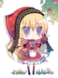 Rule 34 | ankle lace-up, apple, bad id, bad pixiv id, basket, blonde hair, boned meat, boots, capelet, chibi, cross-laced footwear, eyelashes, flower, food, fruit, gloves, grass, hood, lace-up boots, long hair, meat, original, solo, yamadori yoshitomo