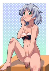 Rule 34 | 1girl, barefoot, between legs, bikini, black bikini, blush, bottomless, breasts, collarbone, doku donguri, female focus, green eyes, grey hair, hand between legs, hand on own face, medium breasts, navel, nipples, one breast out, open mouth, polka dot, polka dot background, sanya v. litvyak, shiny skin, short hair, simple background, solo, spread legs, strike witches, swimsuit, tan, tanline, world witches series