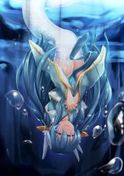 Rule 34 | 1girl, blue hair, bubble, closed eyes, commentary, crying, fate/grand order, fate (series), hair between eyes, hands on own chest, haribote (desk of coulomb), japanese clothes, kimono, kiyohime (fate), lamia, long hair, mermaid, monster girl, own hands together, pelvic curtain, solo, submerged, tears, underwater, upside-down, water surface