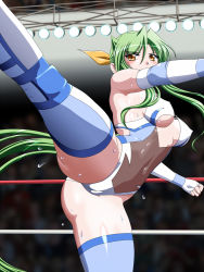 Rule 34 | 1girl, blue thighhighs, breasts, cleavage cutout, clothing cutout, covered erect nipples, crowd, fingerless gloves, flying sweatdrops, gloves, high kick, kicking, large breasts, leotard, long hair, navel, noppo-san, o-ring, sakurai chisato, skin tight, stage lights, sweat, thighhighs, thighs, very long hair, wrestle angels, wrestle angels survivor, wrestling outfit, wrestling ring