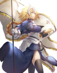 Rule 34 | 1girl, armor, armored dress, banner, black bow, black thighhighs, blonde hair, blue dress, blue eyes, bow, braid, braided ponytail, breasts, dress, fate/apocrypha, fate (series), faulds, floating hair, gauntlets, hair bow, headpiece, holding, jeanne d&#039;arc (fate), jeanne d&#039;arc (ruler) (fate), large breasts, long dress, long hair, saihate (d3), simple background, single braid, solo, standing, thighhighs, very long hair, white background