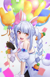Rule 34 | 1girl, :d, absurdres, animal ear fluff, animal ears, balloon, black gloves, blue hair, bow, braid, carrot hair ornament, commentary request, confetti, detached sleeves, don-chan (usada pekora), dress, food-themed hair ornament, fur-trimmed gloves, fur scarf, fur trim, gloves, hair between eyes, hair bow, hair ornament, head tilt, highres, holding, holding balloon, hololive, huge filesize, long hair, looking at viewer, looking to the side, motion blur, multicolored hair, open mouth, orange eyes, pocket, puffy short sleeves, puffy sleeves, rabbit-shaped pupils, rabbit ears, rabbit girl, sani (saaanii), short eyebrows, short sleeves, sidelocks, simple background, sleeveless, sleeveless dress, smile, solo, sparkle, standing, swept bangs, symbol-shaped pupils, teeth, thick eyebrows, twin braids, twintails, two-tone hair, upper teeth only, usada pekora, usada pekora (1st costume), virtual youtuber, white background, white bow, white dress, white hair