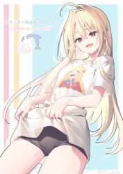 Rule 34 | 1girl, ahoge, alternate costume, black shorts, blonde hair, blue background, breasts, character print, collarbone, commentary request, cowboy shot, fang, from below, hair between eyes, hair intakes, hikikomari kyuuketsuki no monmon, long hair, looking down, multicolored background, nervous smile, open mouth, parted bangs, pointy ears, print shirt, riichu, self character print, shirt, shirt hold, short shorts, short sleeves, shorts, signature, slit pupils, small breasts, smile, solo, t-shirt, terakomari gandezblood, thighs, vampire, white shirt