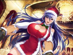 Rule 34 | 1girl, action taimanin, akiyama rinko, artist request, breasts, cleavage, cleavage cutout, clothes, clothing cutout, curvy, dancing, dress, game cg, huge breasts, lilith-soft, long hair, pov, pov hands, santa dress, taimanin (series), very long hair, wide hips