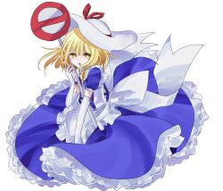 Rule 34 | 1girl, absurdres, apron, back bow, blonde hair, blue dress, bow, commentary request, dress, frilled apron, frilled dress, frills, fuwafurin, hat, highres, kana anaberal, open mouth, puffy short sleeves, puffy sleeves, red ribbon, ribbon, short sleeves, simple background, sun hat, touhou, touhou (pc-98), waist apron, white apron, white background, white bow, white hat, yellow eyes