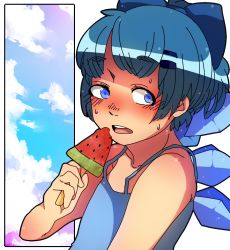 Rule 34 | 1girl, bad id, bad pixiv id, bare shoulders, blue eyes, blue hair, blush, bow, cirno, cloud, day, food, fruit, hair bow, highres, ice, ice wings, matching hair/eyes, muroku (aimichiyo0526), open mouth, popsicle, shirt, short hair, sky, sleeveless, sleeveless shirt, solo, sweat, touhou, upper body, watermelon, watermelon bar, wings