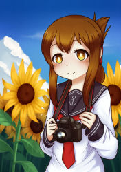 Rule 34 | 10s, 1girl, absurdres, blush, brown eyes, brown hair, camera, closed mouth, flower, highres, holding, holding camera, inazuma (kancolle), jacy, kantai collection, long sleeves, looking at viewer, necktie, red necktie, short hair, smile, solo, sunflower, upper body