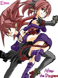 Rule 34 | 00s, 1girl, bat wings, child, collar, demon girl, disgaea, elbow gloves, etna (disgaea), flat chest, gloves, makai senki disgaea, makai senki disgaea 2, makai senki disgaea 3, miniskirt, multiple views, nippon ichi, aged up, pointy ears, red eyes, red hair, skirt, tail, thighhighs, twintails, wings