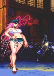 Rule 34 | 1girl, animated, animated gif, bare shoulders, breasts, capcom, cleavage, cuffs, denim, denim shorts, final fight, futanari, handcuffs, high heels, knees, legs, long hair, lowres, midriff, motor vehicle, motorcycle, navel, newhalf, pink hair, pixel art, poison (final fight), shirt, shorts, solo, street fighter, street fighter iii (series), vehicle, white shirt, wristband