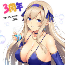 Rule 34 | 1girl, armpit crease, bare shoulders, blonde hair, blue choker, blue dress, blue eyes, blue ribbon, blush, brave girl ravens, breasts, bridal gauntlets, bubble background, choker, cleavage, collarbone, cup, dress, drink, earrings, elbow gloves, glint, gloves, grin, hair ribbon, hairband, holding, holding cup, horosuke, jewelry, kairi (brave girl ravens), large breasts, long hair, looking at viewer, mole, mole on breast, ribbon, sidelocks, smile, solo, spaghetti strap, teeth, translation request, upper body, white background