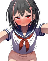 Rule 34 | 1girl, black hair, blue sailor collar, blush, braid, closed mouth, collarbone, commentary request, crop top, flower, groin, hair between eyes, hair flower, hair ornament, hekomii, highres, looking at viewer, multicolored hair, navel, neckerchief, nose blush, original, out-of-frame censoring, pink flower, pink hair, red eyes, red neckerchief, sailor collar, school uniform, serafuku, shirt, short sleeves, simple background, solo, streaked hair, sweat, white background, white shirt