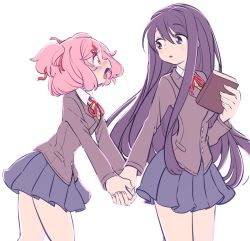 Rule 34 | 2girls, blue skirt, blush, book, commentary, doki doki literature club, hair ornament, hair ribbon, hairclip, hand grab, holding, holding book, ica tm, long hair, long sleeves, looking at another, multiple girls, natsuki (doki doki literature club), pink eyes, pink hair, pleated skirt, purple eyes, purple hair, red ribbon, ribbon, school uniform, short hair, simple background, skirt, two side up, white background, yuri, yuri (doki doki literature club)