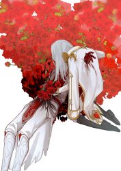 Rule 34 | 2boys, absurdres, boots, character request, chinese commentary, coat, coat on shoulders, commentary request, flower, grey footwear, guro, heart, heart (organ), highres, kneeling, kyoko (akakikyoko), long sleeves, male focus, multiple boys, pants, red flower, red rose, rose, shirt, wangzhe rongyao, white coat, white footwear, white pants, white shirt
