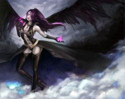 Rule 34 | 1girl, bare shoulders, belt, boots, breasts, cleavage, cloud, fire, gloves, high heels, jewelry, league of legends, lips, lipstick, long hair, magic, makeup, morgana (league of legends), navel, necklace, no pupils, noa ikeda, purple fire, purple hair, shoes, sleeveless, solo, thigh boots, thighhighs, wings
