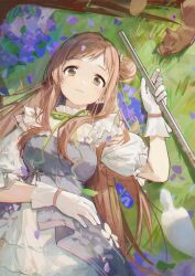 Rule 34 | 1girl, acorn, bird, brown eyes, dot nose, dress, flower, flute, frilled dress, frilled sleeves, frills, gloves, grass, green ribbon, grey dress, hair bun, highres, holding, holding instrument, idolmaster, idolmaster shiny colors, instrument, leaf, light blush, light brown hair, light smile, long hair, looking at viewer, lying, multicolored clothes, multicolored dress, on grass, pigeon, plant roots, puffy sleeves, ribbon, sakuragi mano, single side bun, solo, squirrel, swept bangs, tareme, very long hair, white dress, white gloves, zhili xingzou