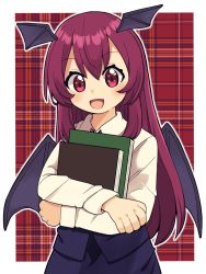 Rule 34 | 1girl, bat wings, black skirt, black vest, book, hugging book, border, collared shirt, demon wings, happy, head tilt, head wings, highres, holding, holding book, hugging object, koakuma, long hair, long sleeves, looking at viewer, necktie, open mouth, plaid, plaid background, red background, red eyes, red hair, red necktie, shirt, simple background, skirt, skirt set, solo, touhou, vest, white border, white shirt, wings, yamase