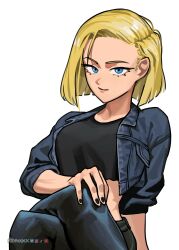 Rule 34 | 1girl, absurdres, android 18, atoroux, blonde hair, blue eyes, crop top, cropped jacket, crossed legs, denim, denim jacket, dragon ball, dragon ball super, forehead, hand on own knee, highres, jacket, jeans, light smile, midriff, pants, short hair, simple background, solo