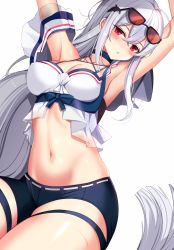Rule 34 | 1girl, absurdres, arknights, armpits, arms up, ateoyh, bad id, bad pixiv id, bare shoulders, bikini, bikini shorts, blouse, blush, breasts, cleavage, eyewear on head, hair between eyes, hair ornament, highres, large breasts, long hair, looking at viewer, medium breasts, navel, official alternate costume, parted lips, red eyes, shirt, short shorts, shorts, silver hair, skadi (arknights), skadi (waverider) (arknights), skindentation, sleeveless, sleeveless shirt, solo, stomach, sunglasses, swimsuit, thigh strap, thighs, tinted eyewear, very long hair, wet, whale hair ornament, white shirt