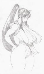 Rule 34 | 1girl, blush, bonten, breasts, covered erect nipples, curvy, fatal fury, female focus, highres, huge breasts, japanese clothes, large areolae, long hair, monochrome, parted lips, ponytail, shiranui mai, sideboob, simple background, sketch, solo, standing, thick thighs, thighs, wide hips