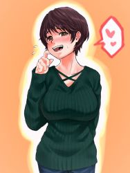 Rule 34 | 1girl, :d, blue pants, blush, breasts, brown eyes, brown hair, commentary request, ear blush, finger to cheek, flying sweatdrops, green sweater, haioku colonel, heart, highres, idolmaster, idolmaster cinderella girls, large breasts, long sleeves, looking at viewer, nose blush, oikawa shizuku, open mouth, orange background, pants, ribbed sweater, short hair, sleeves past wrists, smile, solo, spoken heart, sweatdrop, sweater, upper body